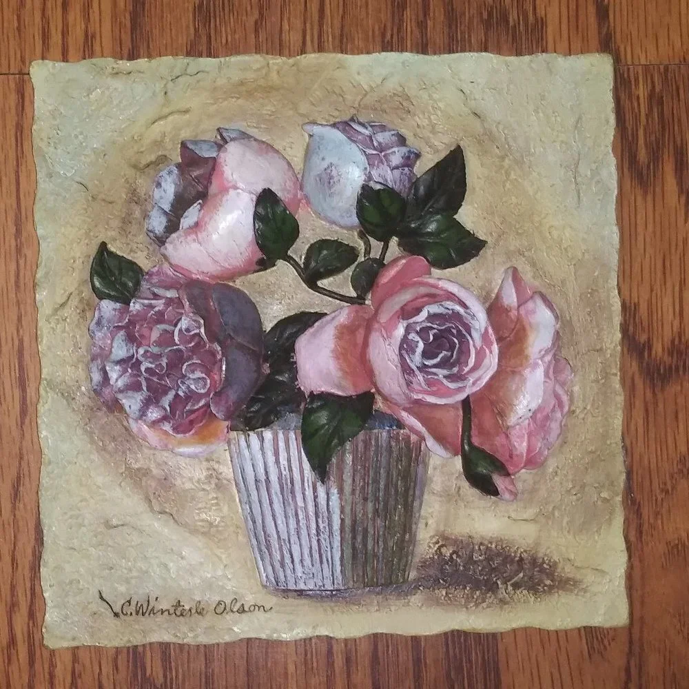 C. Winterle Olson 3D Tile ROSES +Planter Wall Hanging Plaque Bathroom Decorative